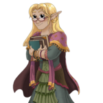 light long-haired elf in green & magenta robes, glasses, bracelets, chain ear cuff, holding 2 books