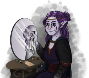 A female drow sitting at a mirror, ink flowing from her eyes