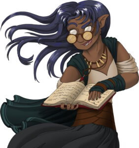 A female elf with cataracts, using a braille spellbook