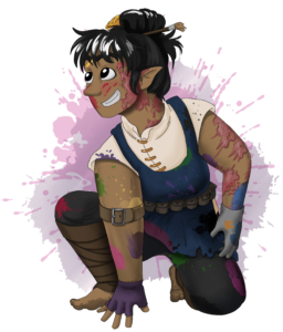 halfling with black hair, paintbrush in bun, white shirt with blue tank-top tunic, body & clothes covered in paint splotches
