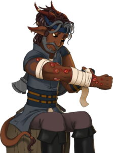 satyr with large red blisters on the arm, wrapping bandages around them
