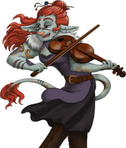 giantkin twisting her spine backwards while playing a fiddle