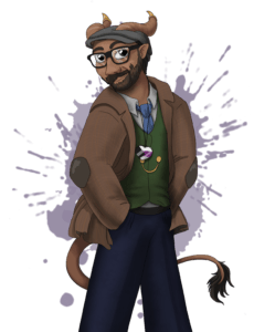 tiefling with buffalo horns, lion tail, beard, glasses, wearing gray ivy hat, tweed jacket, green vest with asexual heart pin