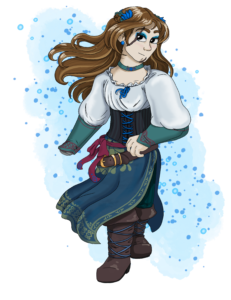 half-elf with long brown hair & soul patch, blue barrettes & earrings, white blouse, dark striped corset, green & blue skirt and choker, right hand ends at wrist