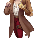 halfling with short black hair & short whiskers, glasses, white shirt, brown longcoat, red pants, metal clockwork right hand and forearm, metal rods on back