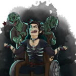 necromancer laughing in a skull-emblazoned wheelchair, being pushed by 2 zombies