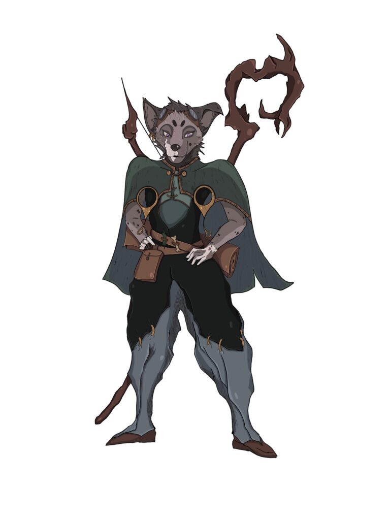 gray humanoid fox in dark gray & green outfit & cape, bow and staff strapped to back