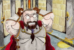 Dwarf wearing platemail in a dungeon, eyes wide open, hands on head, teeth gritted, clearly in distress