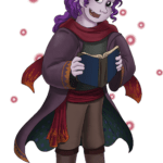 tiefling with lavender skin & gnu horns, purple hair, red scarves, plum longcoat, holding a blue book, red sparkles in the air