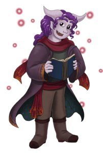 tiefling with lavender skin & gnu horns, purple hair, red scarves, plum longcoat, holding a blue book, red sparkles in the air