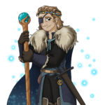 human with medium hair, eye patch over right eye, black, blue, and yellow fur-lined outfit & cape, sword on belt, holding a staff with an aquamarine orb at the top
