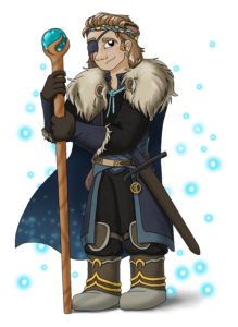 human with medium hair, eye patch over right eye, black, blue, and yellow fur-lined outfit & cape, sword on belt, holding a staff with an aquamarine orb at the top