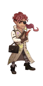 halfling with long maroon hair, eye patch over left eye, tan longcoat covered in paint spots, satchel on side, holding red-orange feather