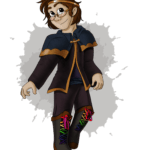 halfling with short brown hair, copper headband, blue & black shirts with copper trim, glasses, boots with rainbow ties