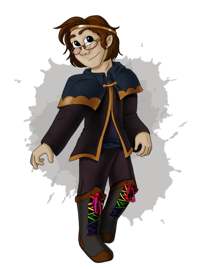 halfling with short brown hair, copper headband, blue & black shirts with copper trim, glasses, boots with rainbow ties