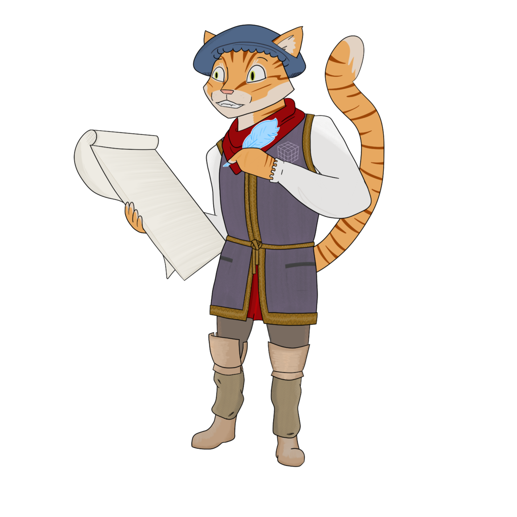 humanoid orange tabby cat with blue beret, plum vest, white shirt, red scarf, holding quill & pad of paper