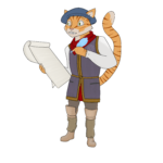 humanoid orange tabby cat with blue beret, plum vest, white shirt, red scarf, holding quill & pad of paper