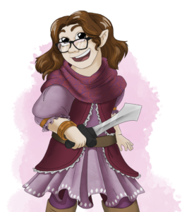 gnome with long brown hair, glasses, lavender & grape dress, metal bracele, holding blade in hand