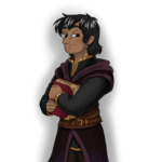 human with short black hair, purple robe, holding red book