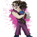 halfling with long dark brown hair, glasses, purple outfit, knife bandolier, necklace with asexual heart pendant, writing with blue quill in notepad