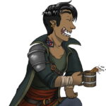 half-elf drinking from a tankard, smiling, revealing shark teeth