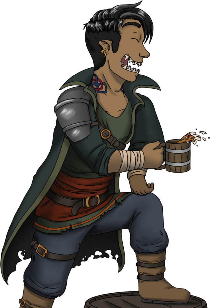 half-elf drinking from a tankard, smiling, revealing shark teeth