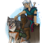 half-elf with long white hair with blue highlights, blue & teal tunic, maroon belt, blue tattoo and on right forearm, rings on right hand, sword on back, service wolf sitting beside