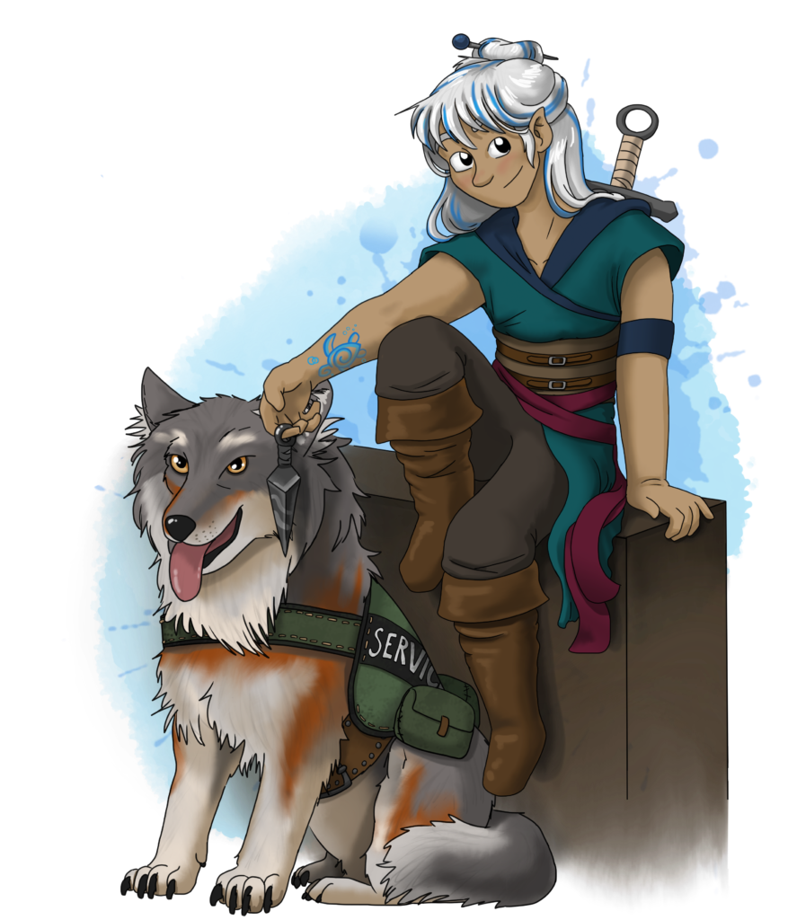 half-elf with long white hair with blue highlights, blue & teal tunic, maroon belt, blue tattoo and on right forearm, rings on right hand, sword on back, service wolf sitting beside