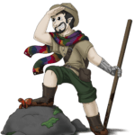 person with short black hair & Van Dyke beard dressed in khaki park ranger outfit, rainbow scarf, prosthetic left hand, holding quarterstaff, a small brown and red turtle by the right foot