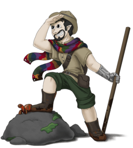 person with short black hair & Van Dyke beard dressed in khaki park ranger outfit, rainbow scarf, prosthetic left hand, holding quarterstaff, a small brown and red turtle by the right foot