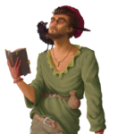 human with short brown hair & Van Dyke beard, red beret, glasses, light green tunic, feather in ear, crow on shoulder, holding a gray book, leaning on lute