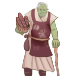 elderly half-orc with short gray hair, wearing flour-covered brown apron, leaning on cane, carrying basket of bread