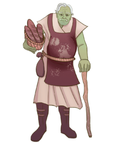 elderly half-orc with short gray hair, wearing flour-covered brown apron, leaning on cane, carrying basket of bread
