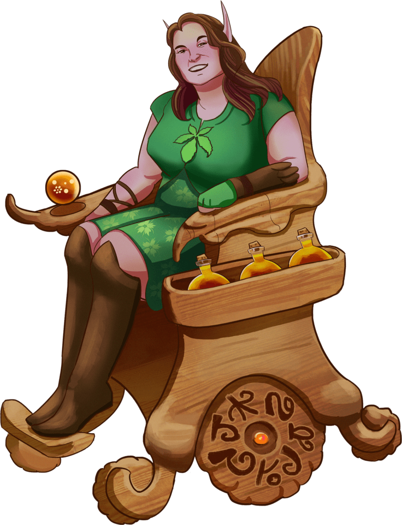 elf with long brown hair, green leaf-motif dress, sitting in wooden wheelchair, 3 potion bottles in side pocket of wheelchair