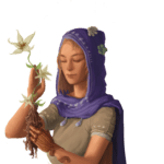 human with purple hooded cape, blonde hair, beige dress, copper and leather gauntlets, holding a flowering plant