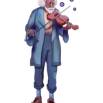 elderly human with short gray hair and beard, dressed in a blue il-fitting patched suit, fur earmuffs, left shoe untied, playing a violin, purple lights near the tip of the bow