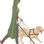 a blind woman with a cane and service dog