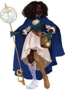 person with a transparent prosthetic lower leg and moon-themed golden staff, satchel, and blue cloak