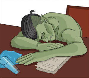 half-orc asleep at a desk, a glass of water spilled