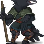 humanoid crow with a walking stick and leg braces