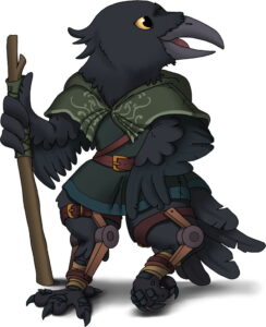 humanoid crow with a walking stick and leg braces
