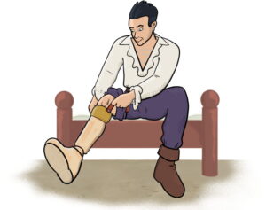 person sitting on a bed, attaching a wooden leg prosthetic