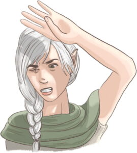 a female elf shielding her eyes from a bright light