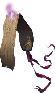inscribed paper crackling with purple energy, a purple ribbon hanging from the paper