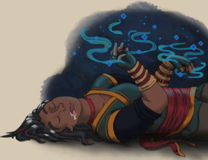 a person casting a spell while sleeping; blue whisps hover above their fingers