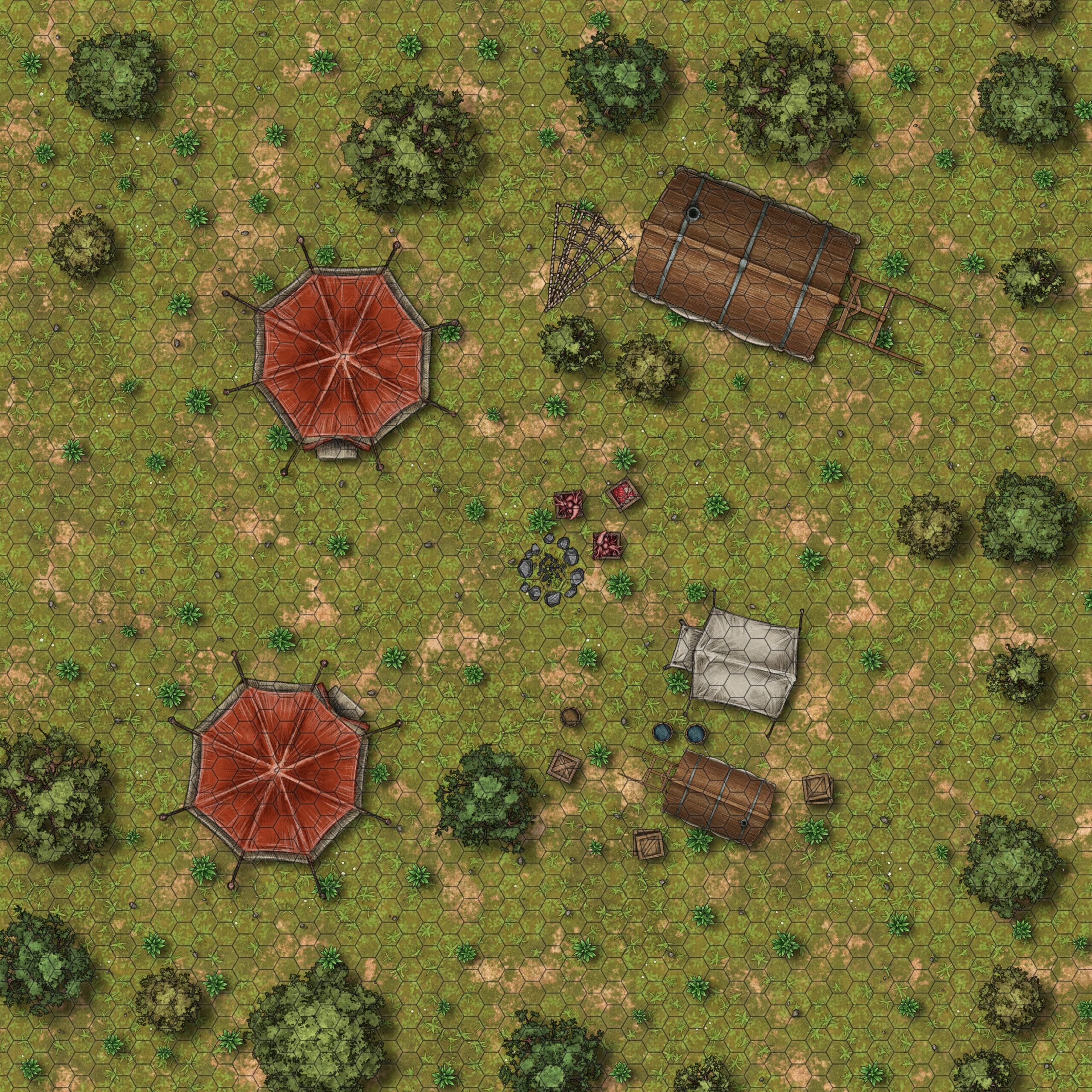 A camp in a forest clearing, surrounded on all sides but the left with deciduous trees. Two large leather octagonal tents big enough to sleep a dozen people each are set up at 10:00 and 8:00 positions. A campfire smolders in the center with three food crates by it. At the 1:00 position, a huge wooden wagon the size of the tents sits with a large net dropped outside the back of it. In the lower right quadrant are a smaller beige tent with room for four next to a wagon about the same size as that tent. Strewn around the wagon are three wooden crates, two water barrels, and a closed barrel.