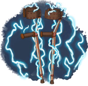 copper crutches glowing with lightning