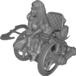 A femme-presenting dwarf in a wheelchair with a big double-bladed axe