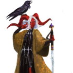 tiefling with a raven on one horn, wearing a brown cloak and holding a white staff with a red tip