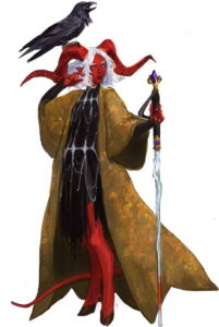 tiefling with a raven on one horn, wearing a brown cloak and holding a white staff with a red tip